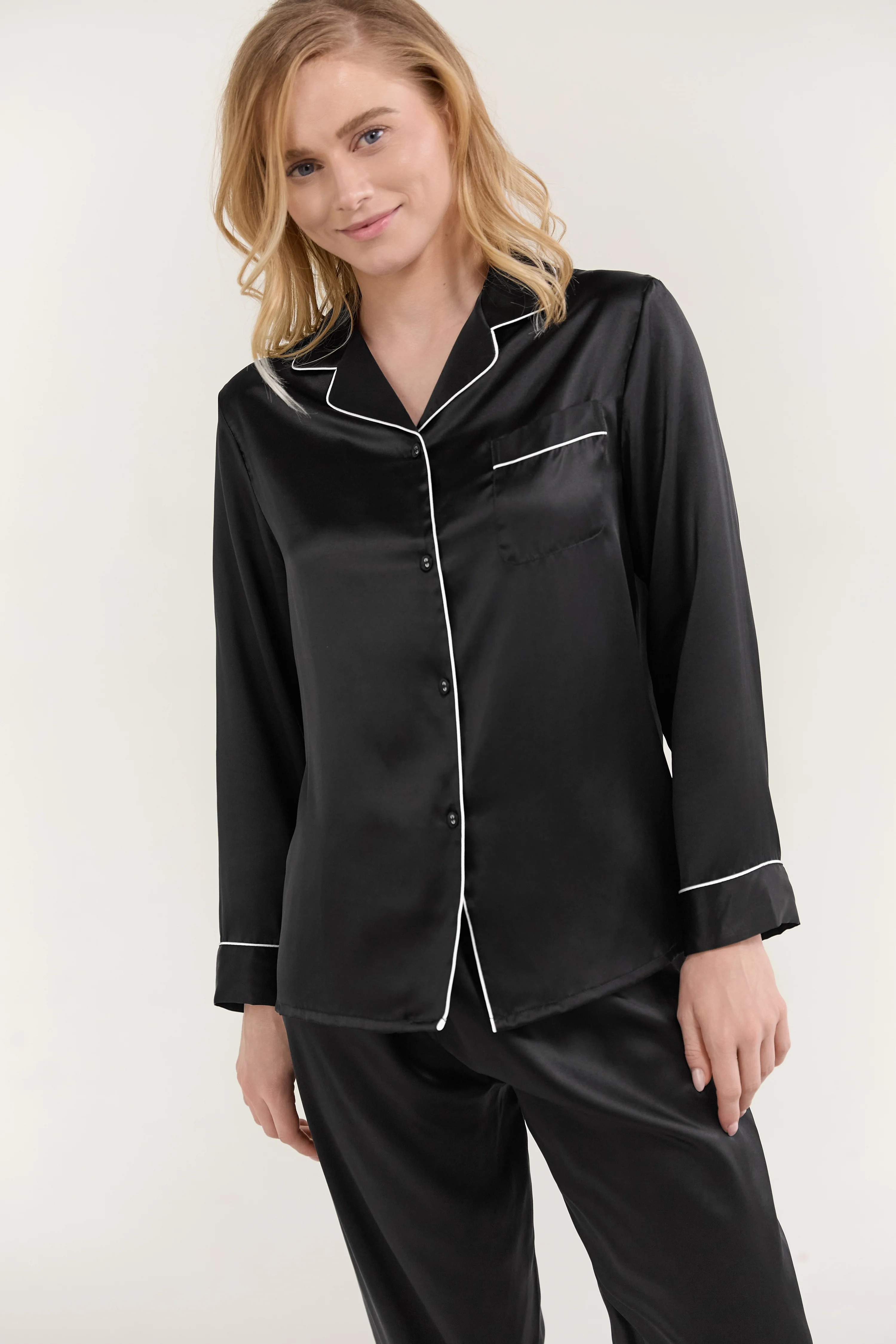 Women’s Long-Sleeve & Pants Silk Pajama In Black