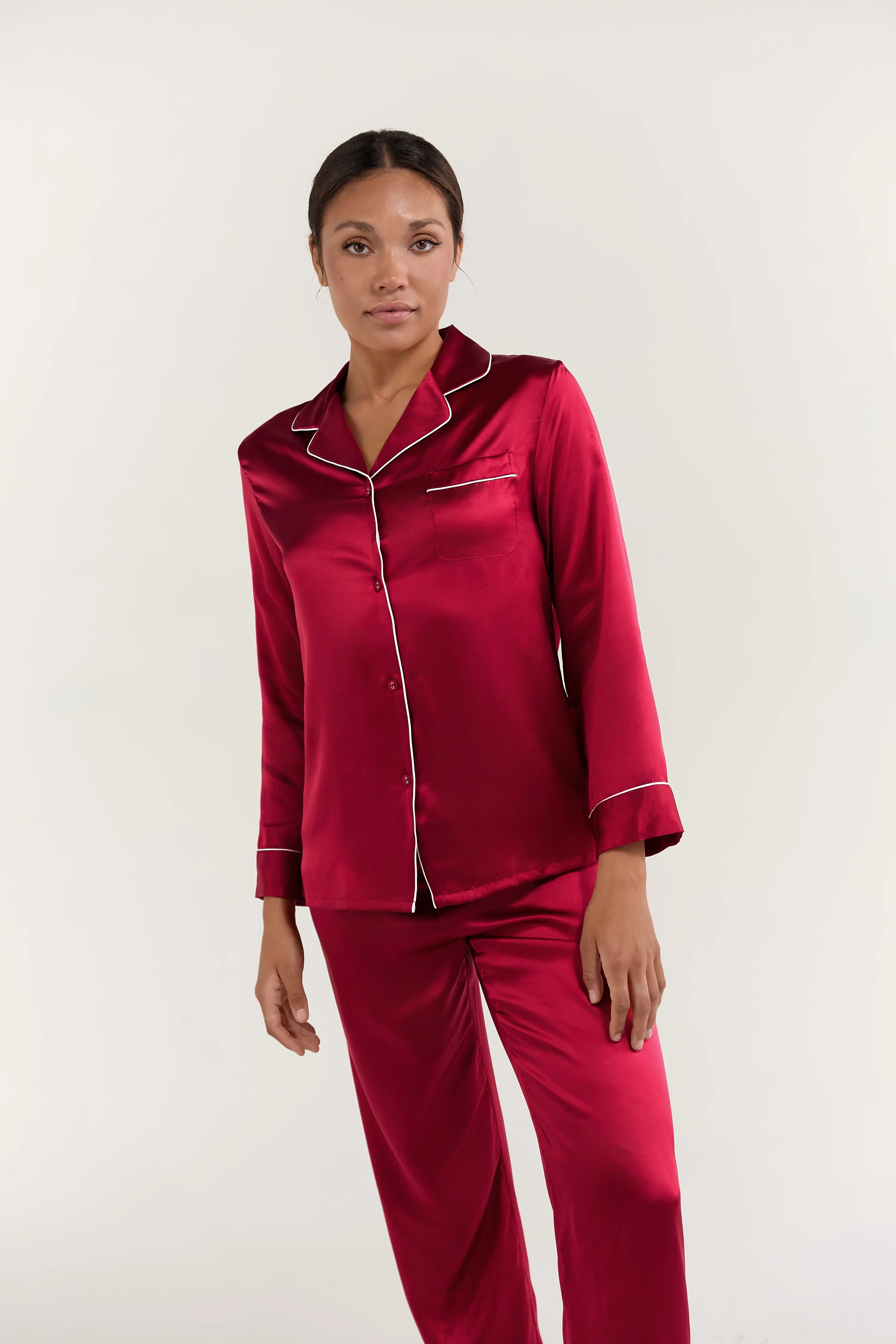Women’s Long-Sleeve & Pants Silk Pajama In Burgundy Red