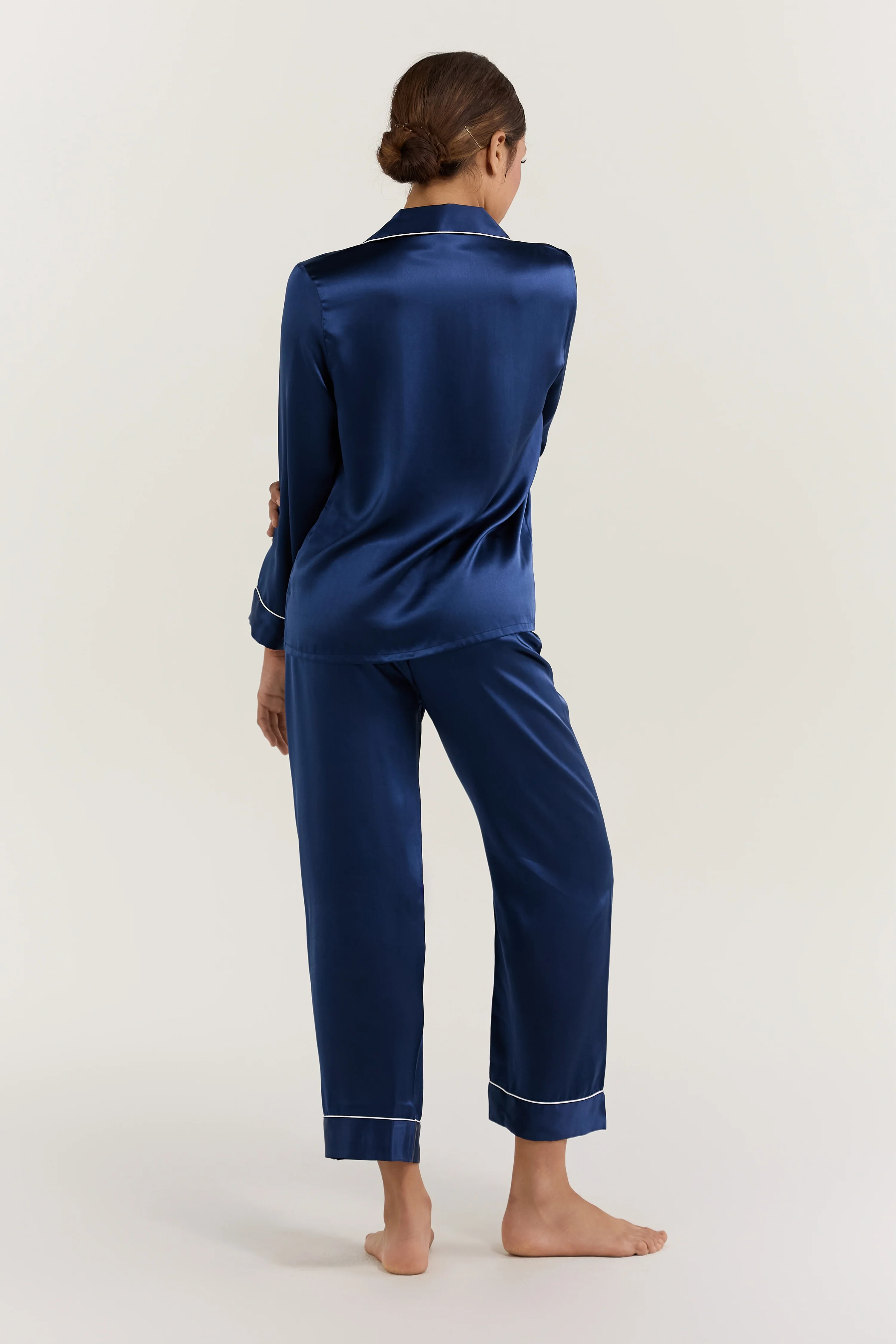 Women’s Long-Sleeve & Pants Silk Pajama In Navy Blue