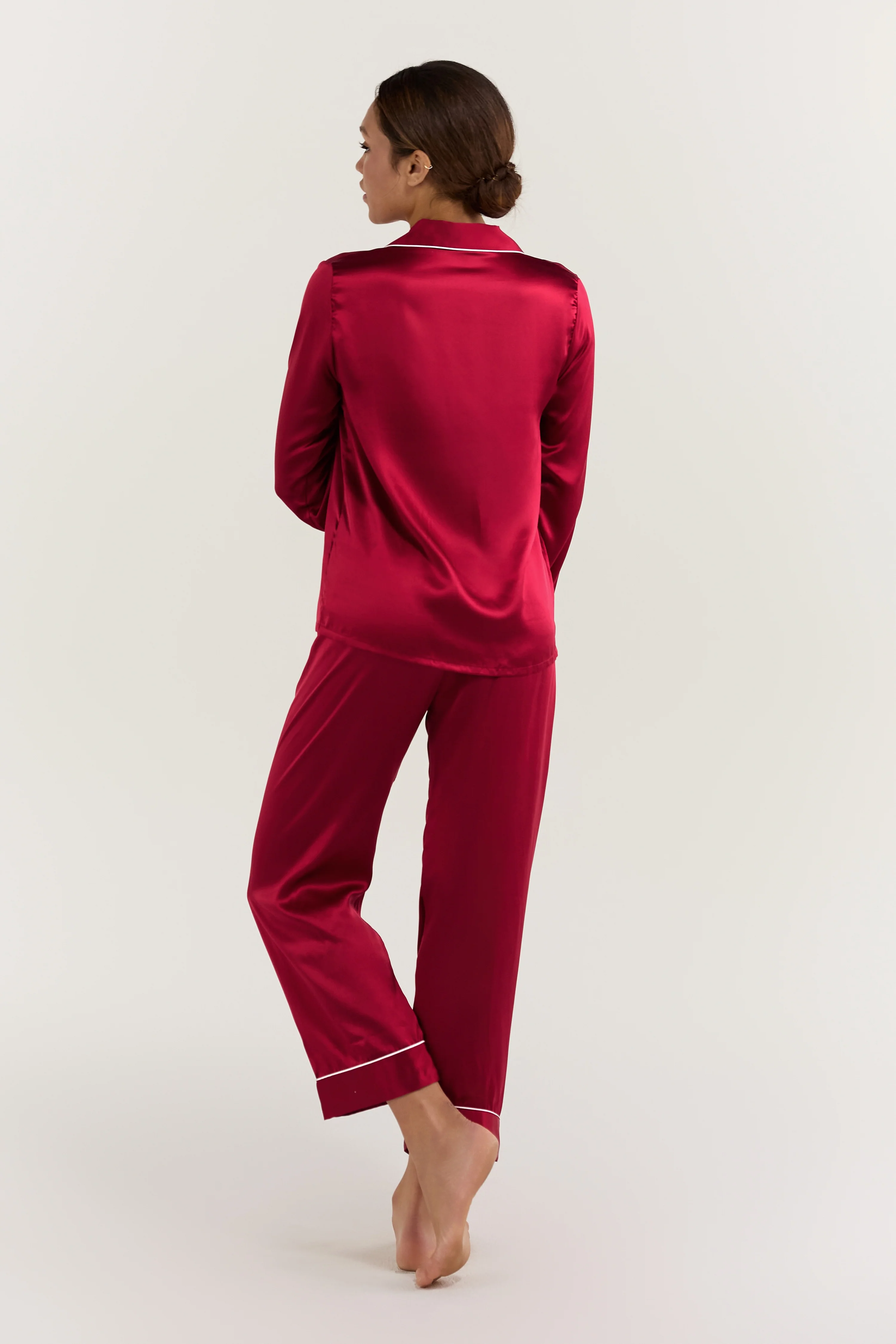Women’s Long-Sleeve & Pants Silk Pajama In Burgundy Red