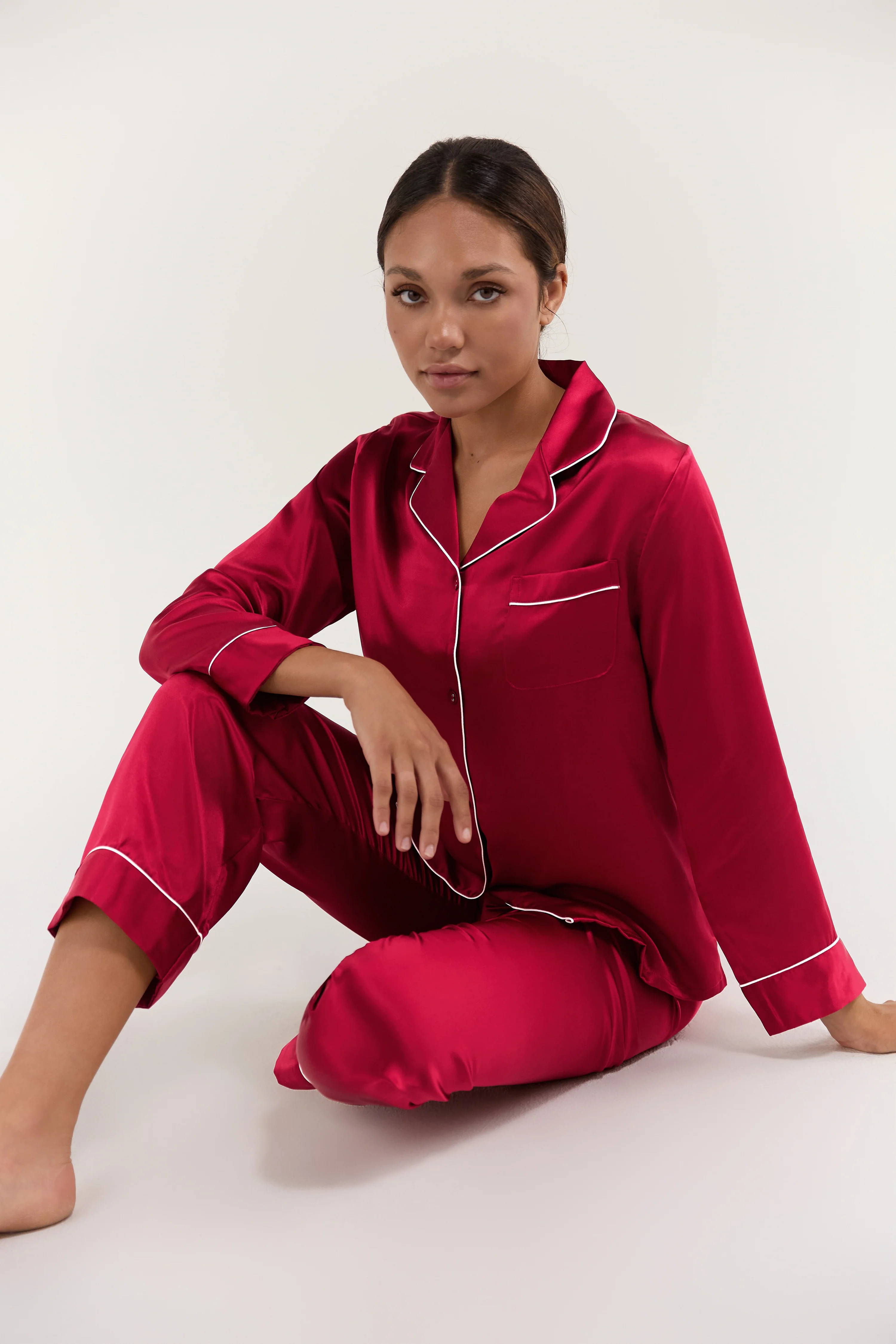 Women’s Long-Sleeve & Pants Silk Pajama In Burgundy Red
