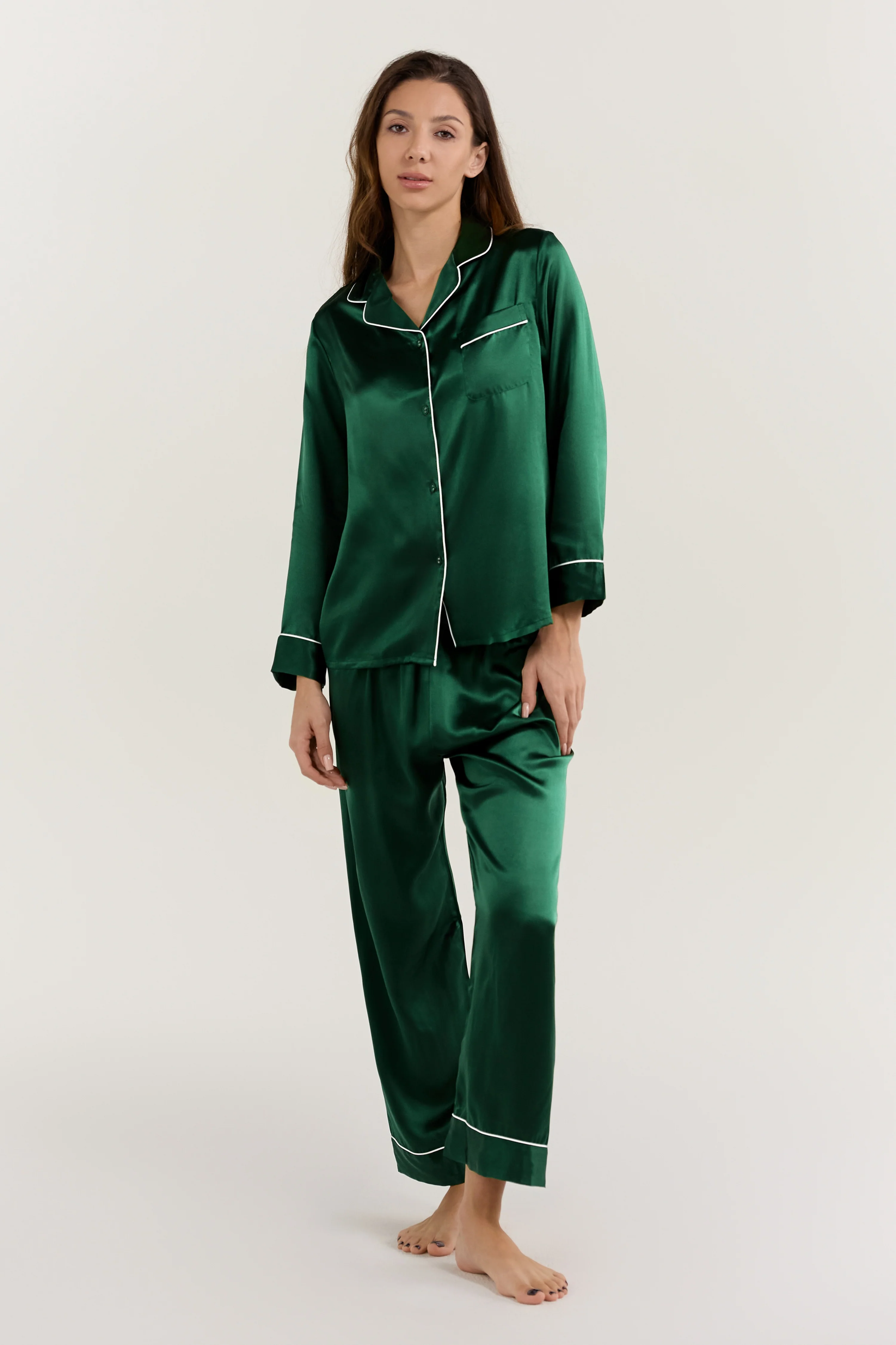 Women’s Long-Sleeve & Pants Silk Pajama In Green