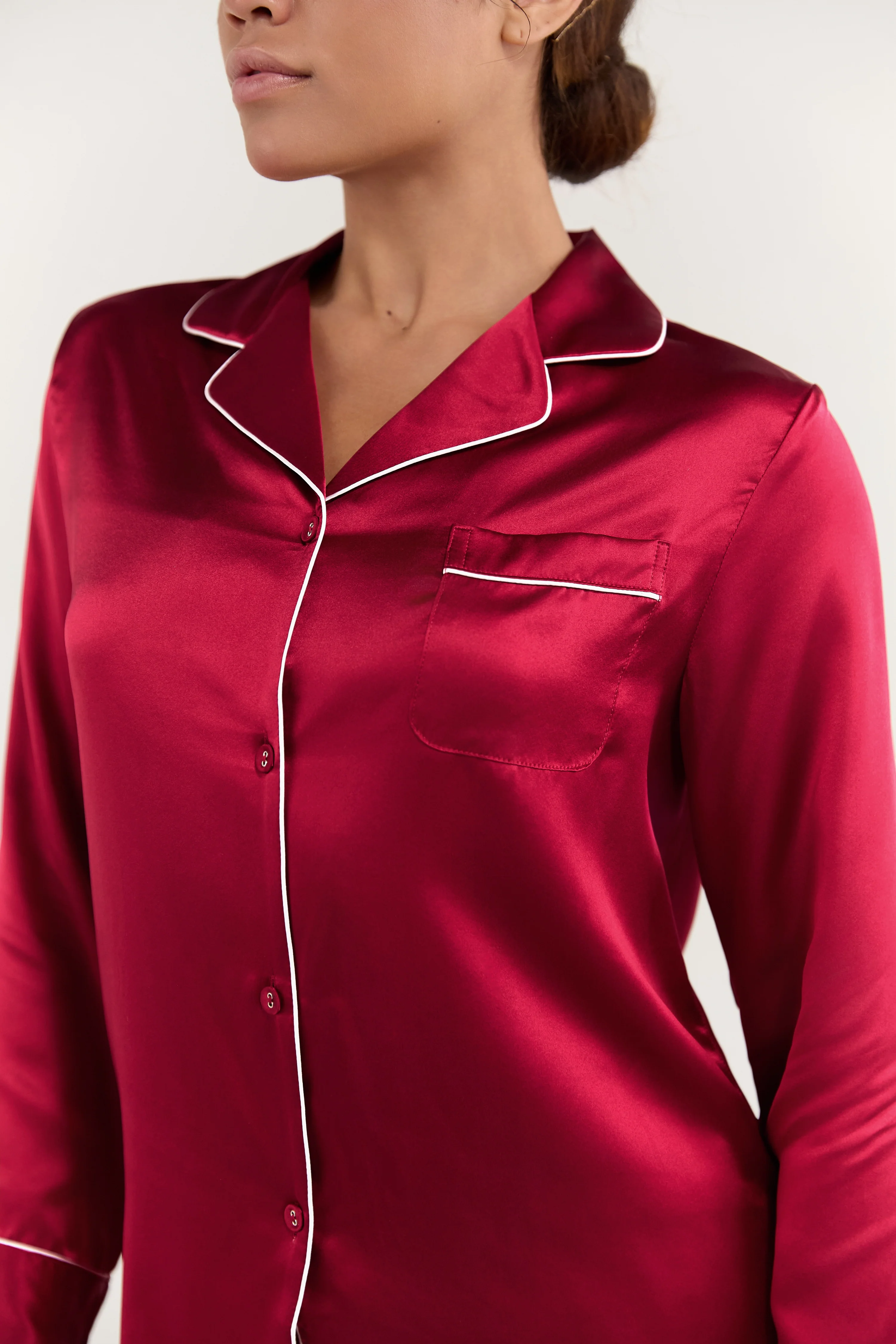 Women’s Long-Sleeve & Pants Silk Pajama In Burgundy Red