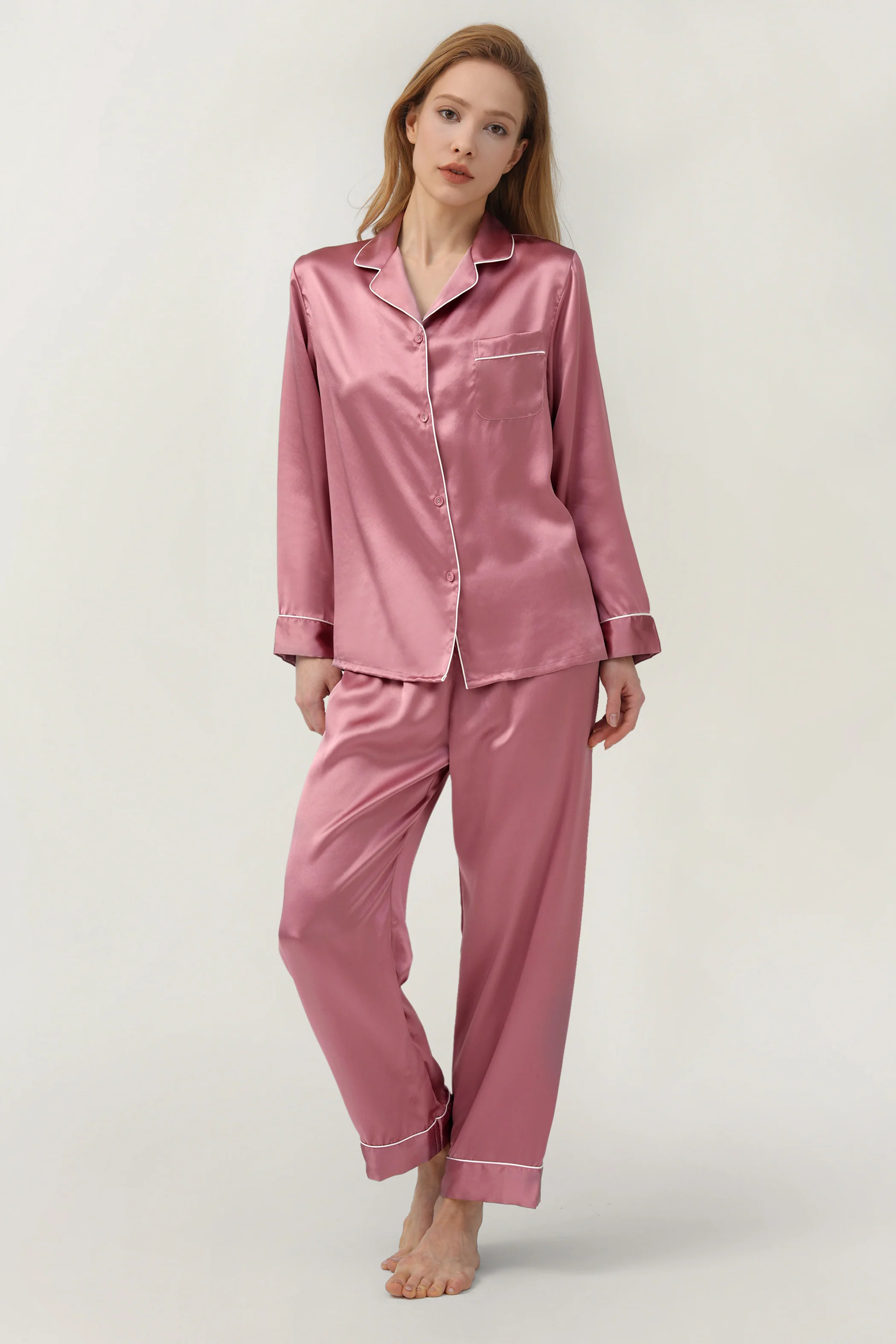 Women’s Long-Sleeve & Pants Silk Pajama In Dusty Rose