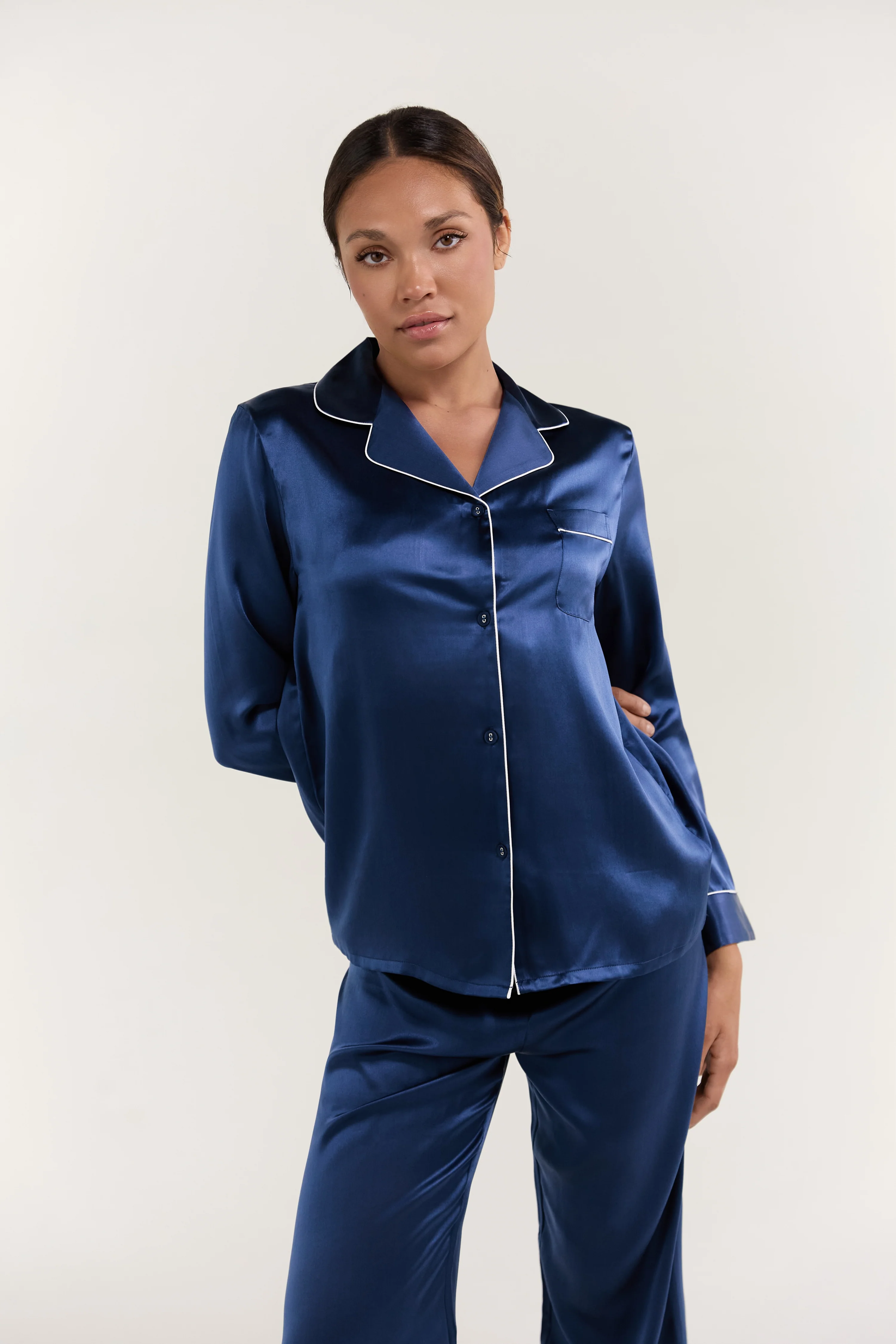 Women’s Long-Sleeve & Pants Silk Pajama In Navy Blue