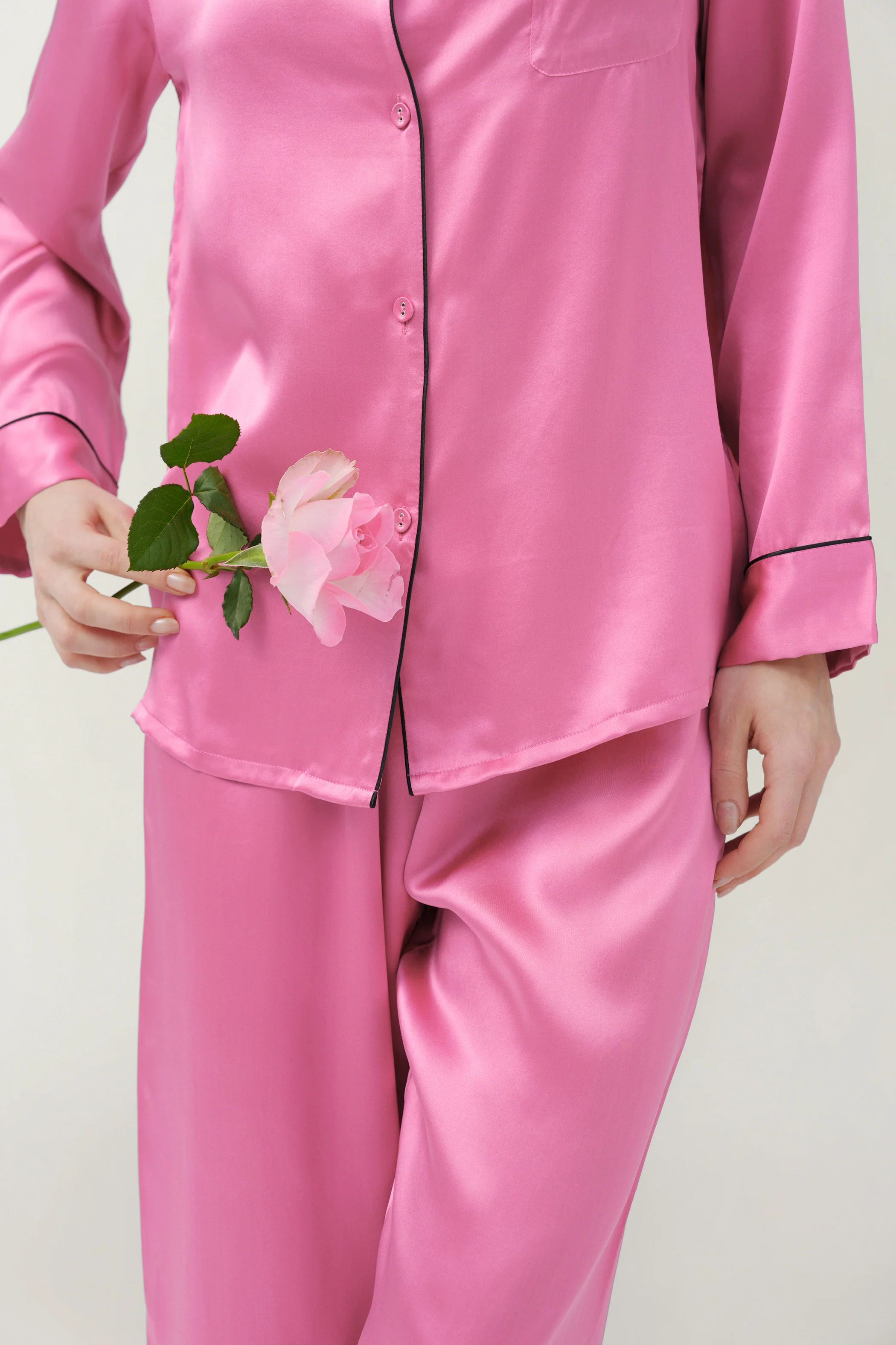 Women’s Long-Sleeve & Pants Silk Pajama In Rose Pink