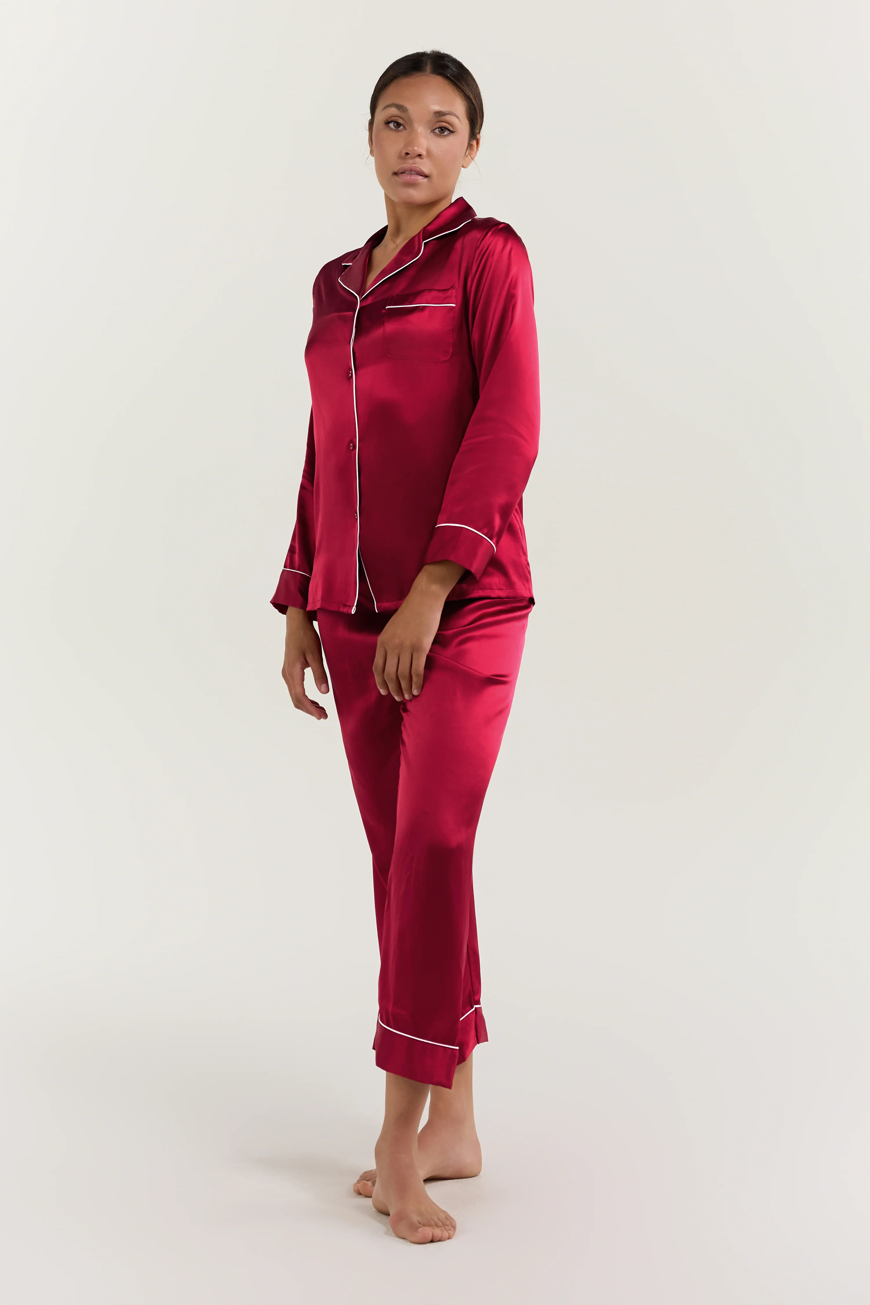 Women’s Long-Sleeve & Pants Silk Pajama In Burgundy Red