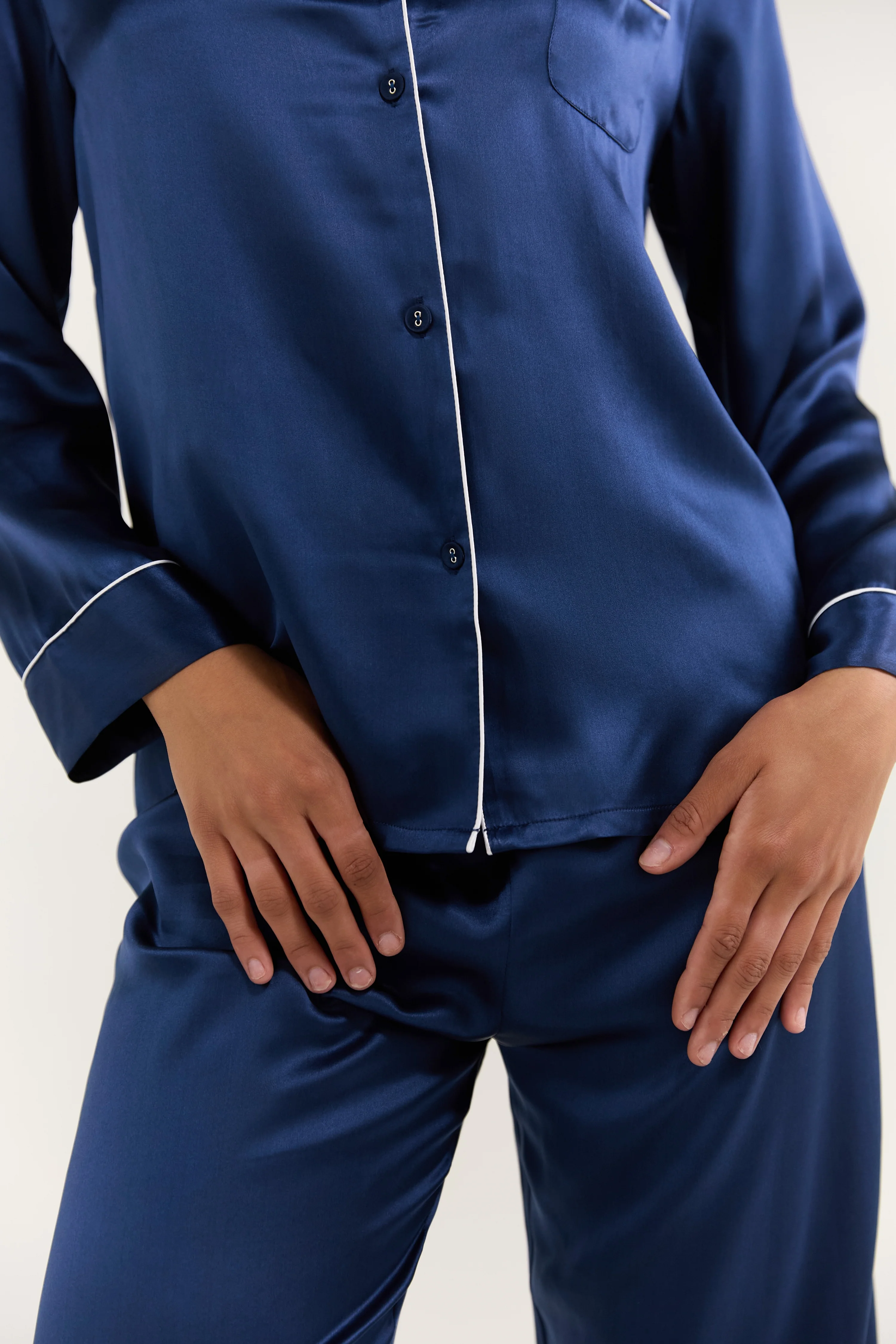 Women’s Long-Sleeve & Pants Silk Pajama In Navy Blue
