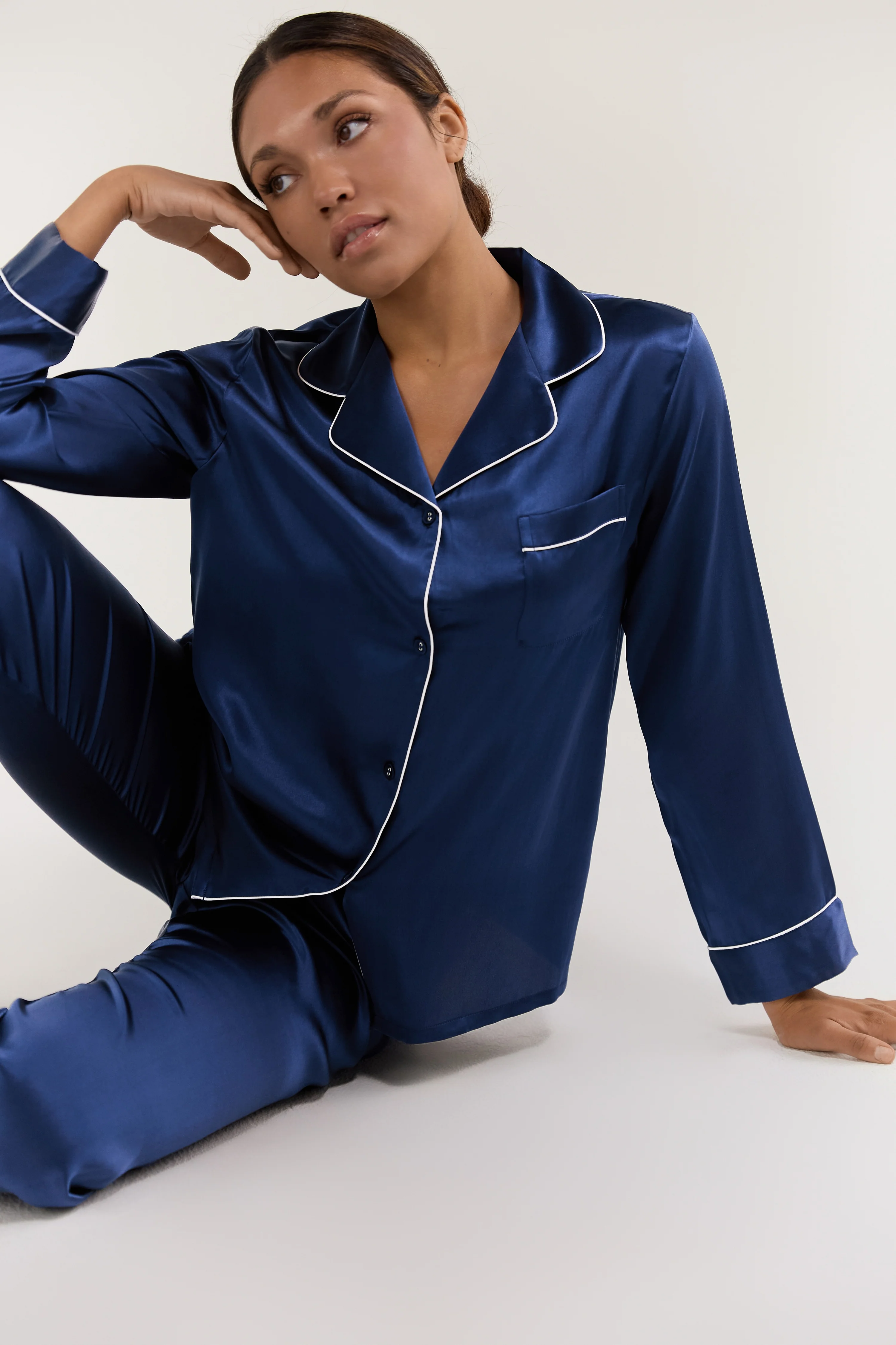 Women’s Long-Sleeve & Pants Silk Pajama In Navy Blue