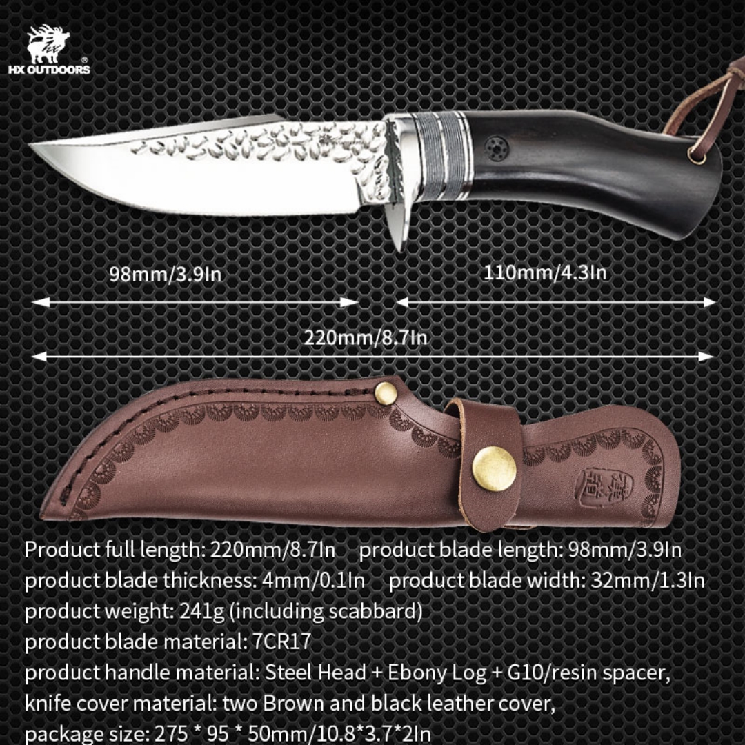 1PC HX OUTDOORS Straight Knife, EDC Multi-function Outdoor Exploration Tool Knife, Pocket Knife With Cowhide Knife Cover, 7CR17MOV High Hardness Stainless Steel Blade, Ebony Handle, CNC Fine Grinding Process, Top Quality, The Best Choice For Gifts