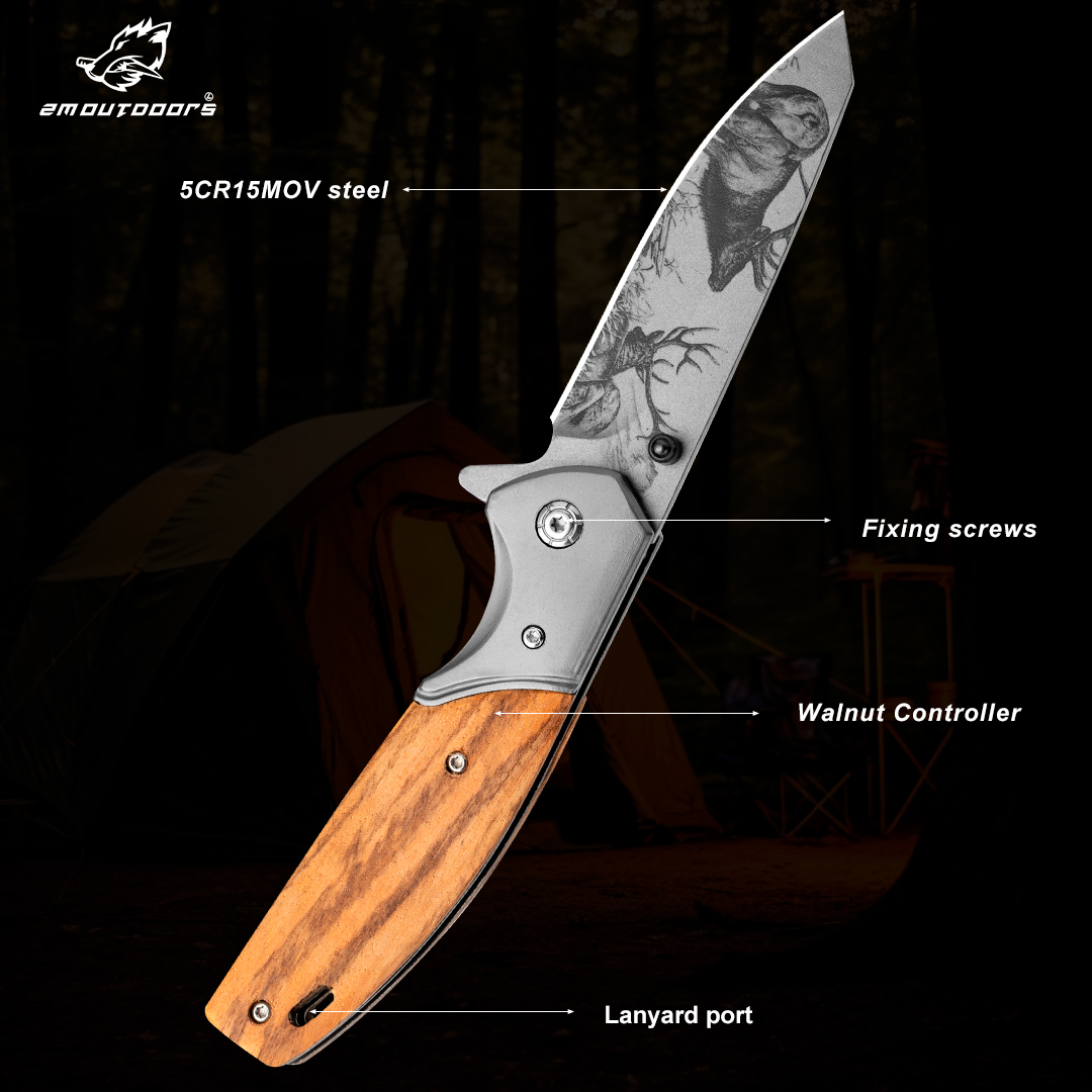 1PC, Elk Tactical Folding Pocket Knife With Stainless Steel Blade And Wooden Handle For Survival Outdoor Camping Hiking EDC Tools