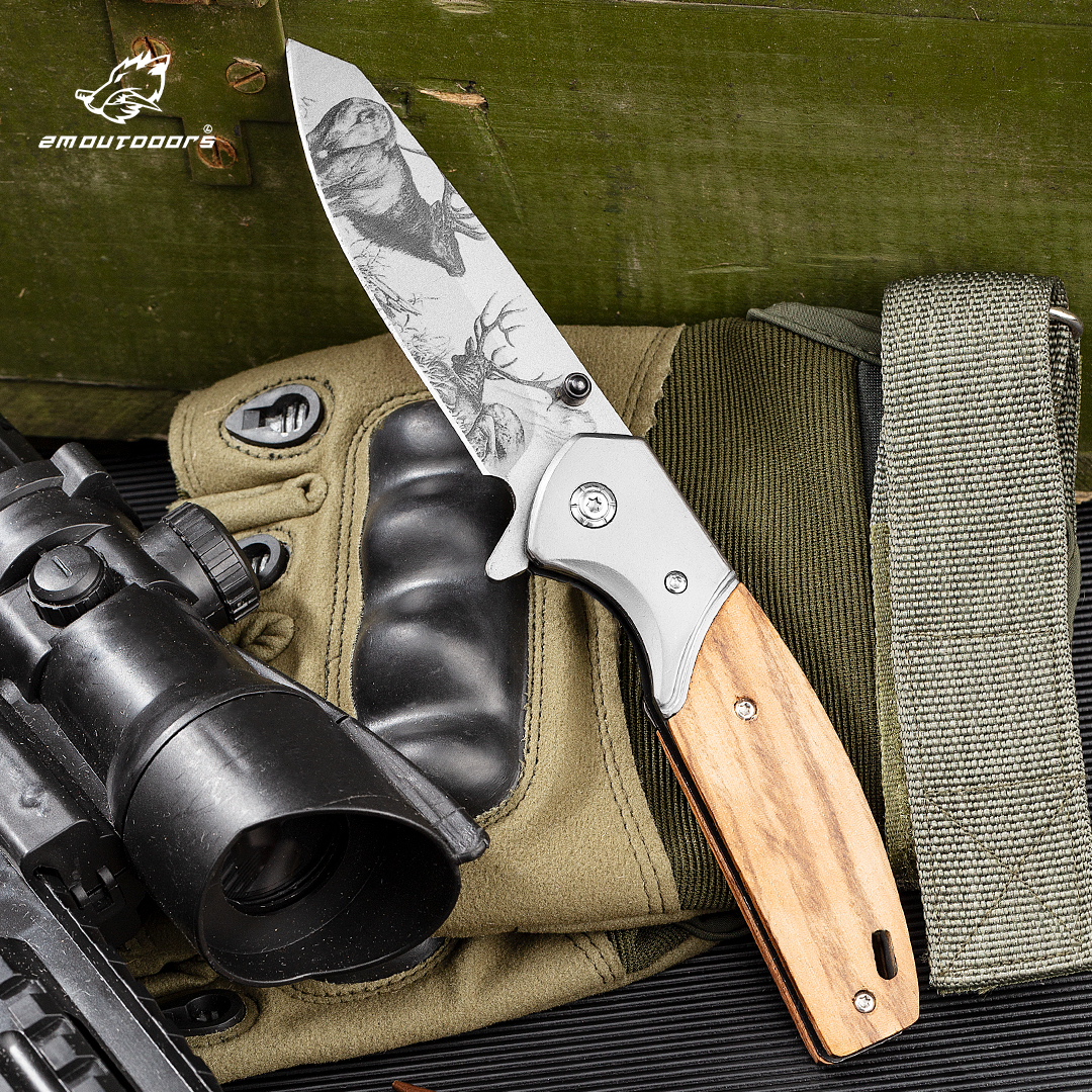 1PC, Elk Tactical Folding Pocket Knife With Stainless Steel Blade And Wooden Handle For Survival Outdoor Camping Hiking EDC Tools