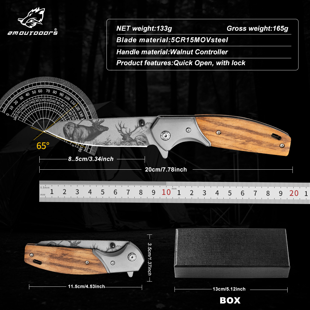 1PC, Elk Tactical Folding Pocket Knife With Stainless Steel Blade And Wooden Handle For Survival Outdoor Camping Hiking EDC Tools