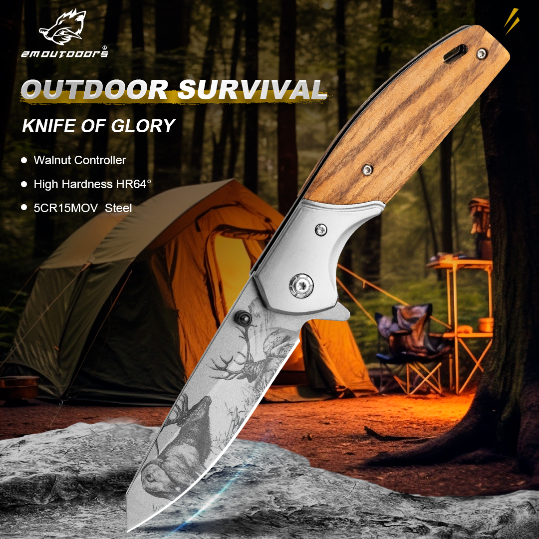 1PC, Elk Tactical Folding Pocket Knife With Stainless Steel Blade And Wooden Handle For Survival Outdoor Camping Hiking EDC Tools