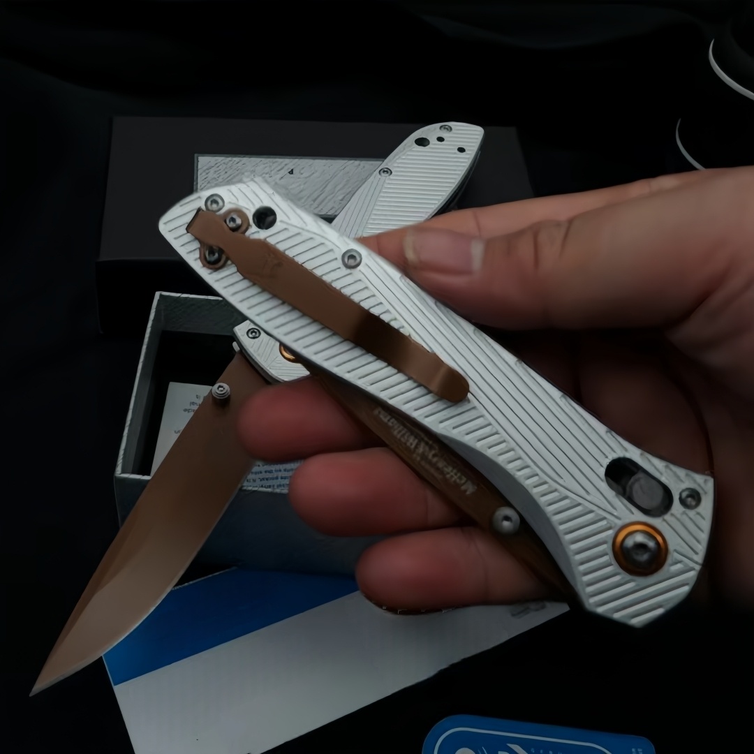 BM 710FE Outdoor Folding Knife – CNC Precision Grind, Silver Aviation-Aluminum Handle, Gold-Titanium-Coated D2 Blade with Bearing Lock