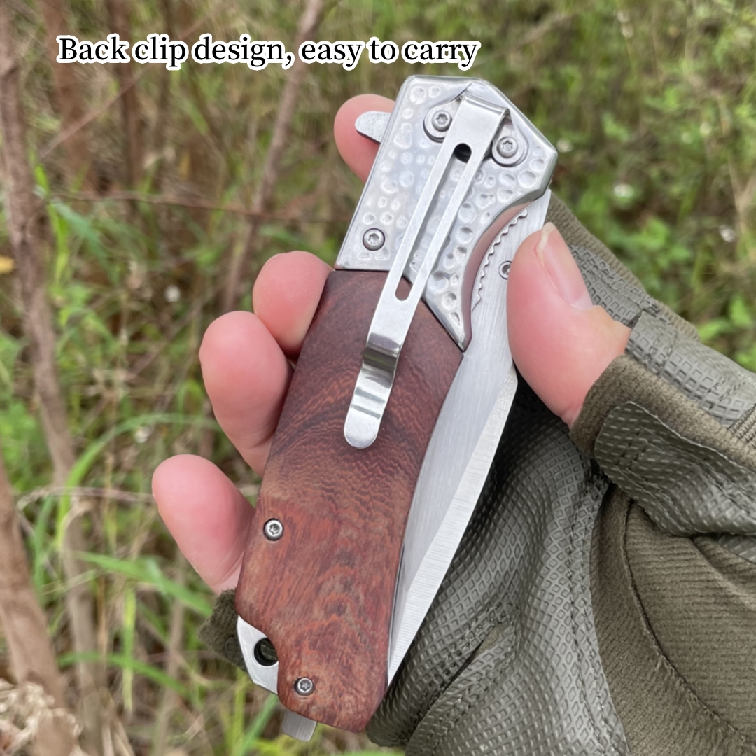 Outdoor folding knives, solid wood handle folding knives, high hardness stainless steel knives, convenient pocket knives, can be used for various activities