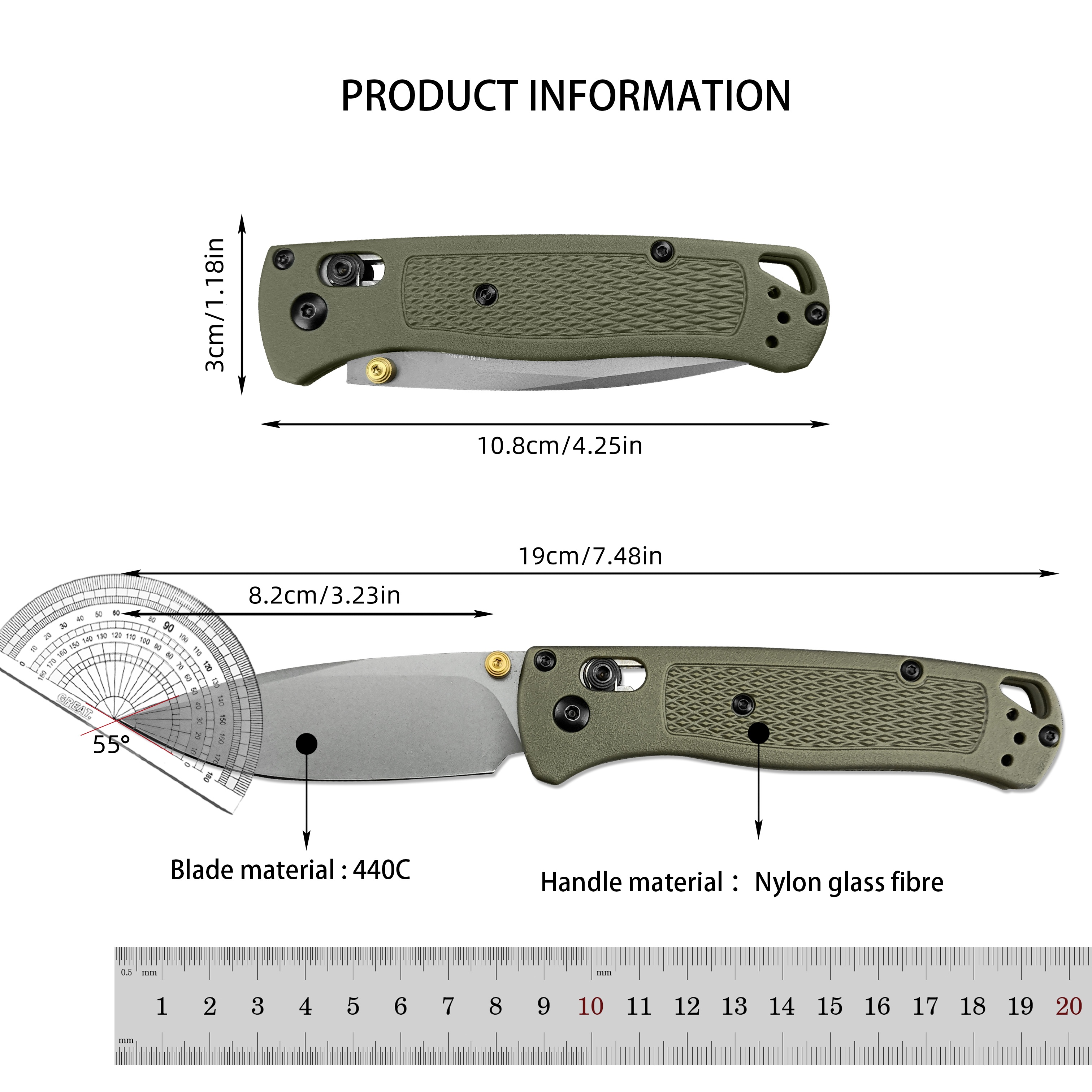 BM 535 Army Green Folding Pocket Knife – S30V Steel Blade, Manual Thumb-Open, GRN Handle, Secure Bearing Lock