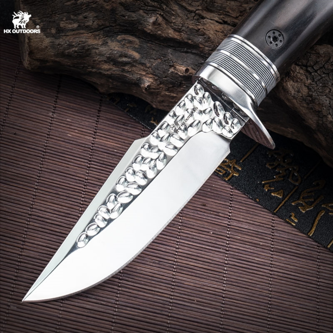 1PC HX OUTDOORS Straight Knife, EDC Multi-function Outdoor Exploration Tool Knife, Pocket Knife With Cowhide Knife Cover, 7CR17MOV High Hardness Stainless Steel Blade, Ebony Handle, CNC Fine Grinding Process, Top Quality, The Best Choice For Gifts