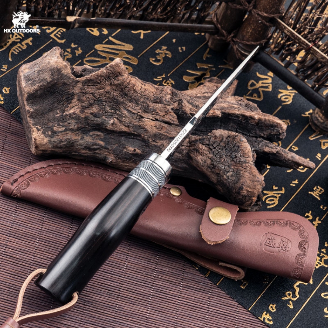 1PC HX OUTDOORS Straight Knife, EDC Multi-function Outdoor Exploration Tool Knife, Pocket Knife With Cowhide Knife Cover, 7CR17MOV High Hardness Stainless Steel Blade, Ebony Handle, CNC Fine Grinding Process, Top Quality, The Best Choice For Gifts