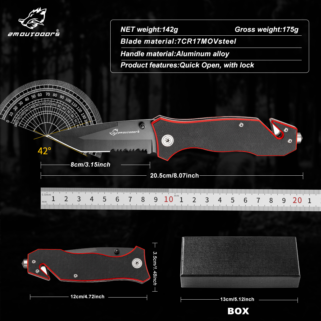 Outdoor pocket folding knife with locking mechanism, 7Cr17Mov high hardness stainless steel knife, G10 handle, can be used for outdoor wilderness survival, mountaineering, hiking