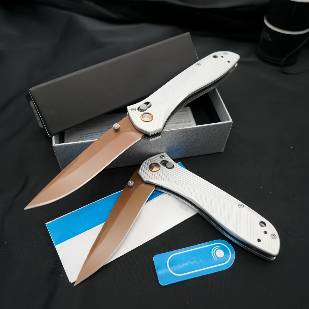 BM 710FE Outdoor Folding Knife – CNC Precision Grind, Silver Aviation-Aluminum Handle, Gold-Titanium-Coated D2 Blade with Bearing Lock