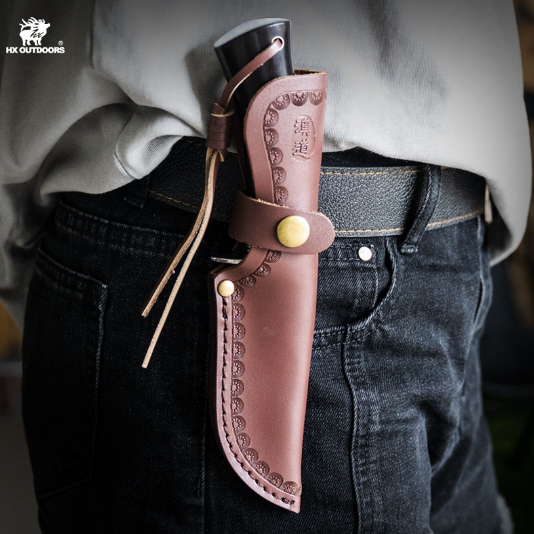 1PC HX OUTDOORS Straight Knife, EDC Multi-function Outdoor Exploration Tool Knife, Pocket Knife With Cowhide Knife Cover, 7CR17MOV High Hardness Stainless Steel Blade, Ebony Handle, CNC Fine Grinding Process, Top Quality, The Best Choice For Gifts