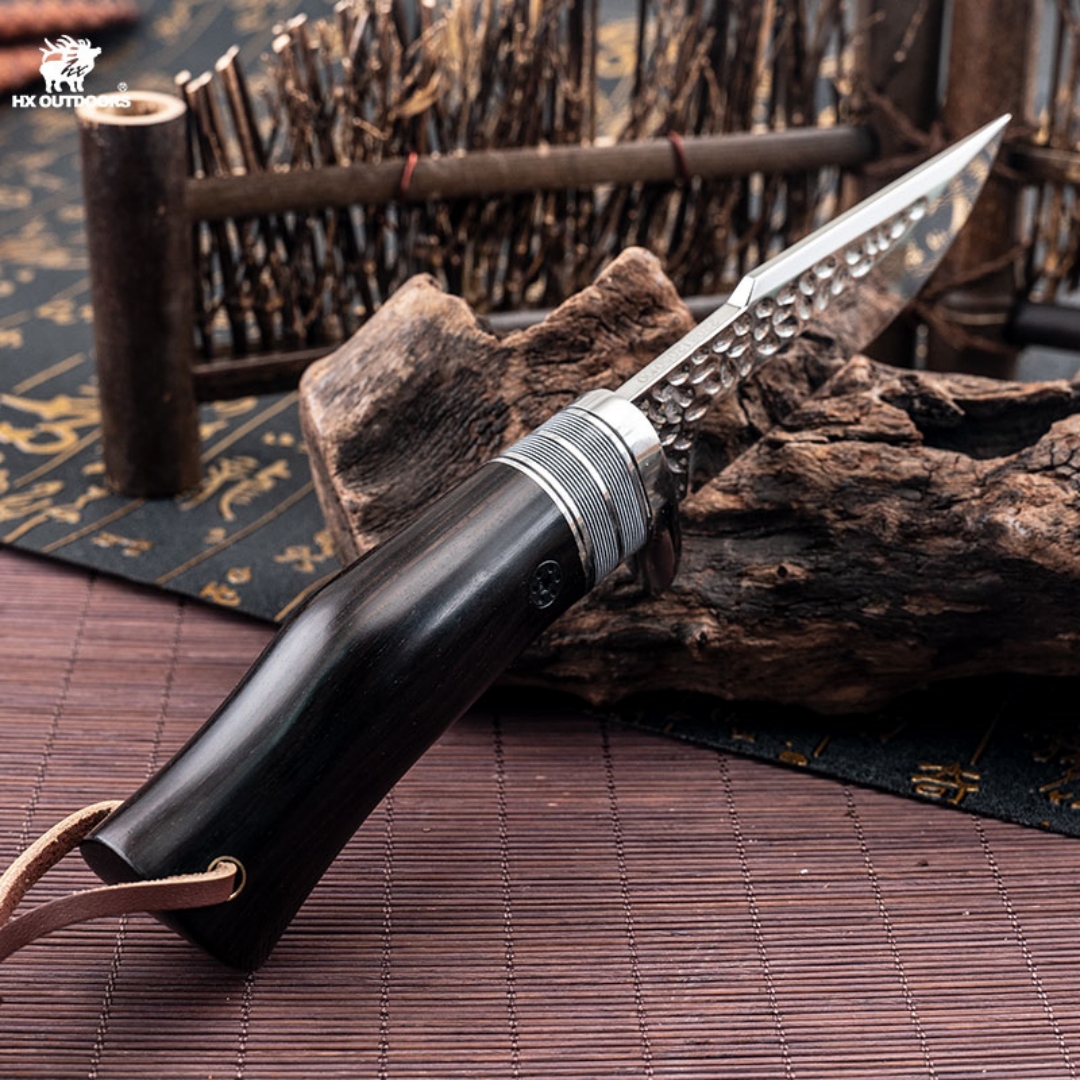 1PC HX OUTDOORS Straight Knife, EDC Multi-function Outdoor Exploration Tool Knife, Pocket Knife With Cowhide Knife Cover, 7CR17MOV High Hardness Stainless Steel Blade, Ebony Handle, CNC Fine Grinding Process, Top Quality, The Best Choice For Gifts