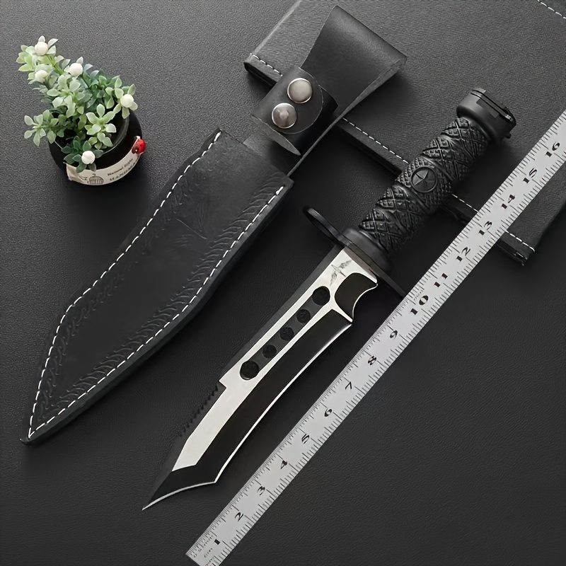 Outdoor Camping Survival Knife, Tactical Straight Knife Long Swiss 4Cr13 Steel High Hardness Saber with Leather Knife Sleeve, Nylon Fiber Handle for Hunting, Self-Defense, Self-Defense, Camping - Blade Design, One-piece Dragon Design