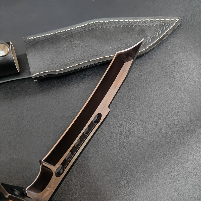 Outdoor Camping Survival Knife, Tactical Straight Knife Long Swiss 4Cr13 Steel High Hardness Saber with Leather Knife Sleeve, Nylon Fiber Handle for Hunting, Self-Defense, Self-Defense, Camping - Blade Design, One-piece Dragon Design