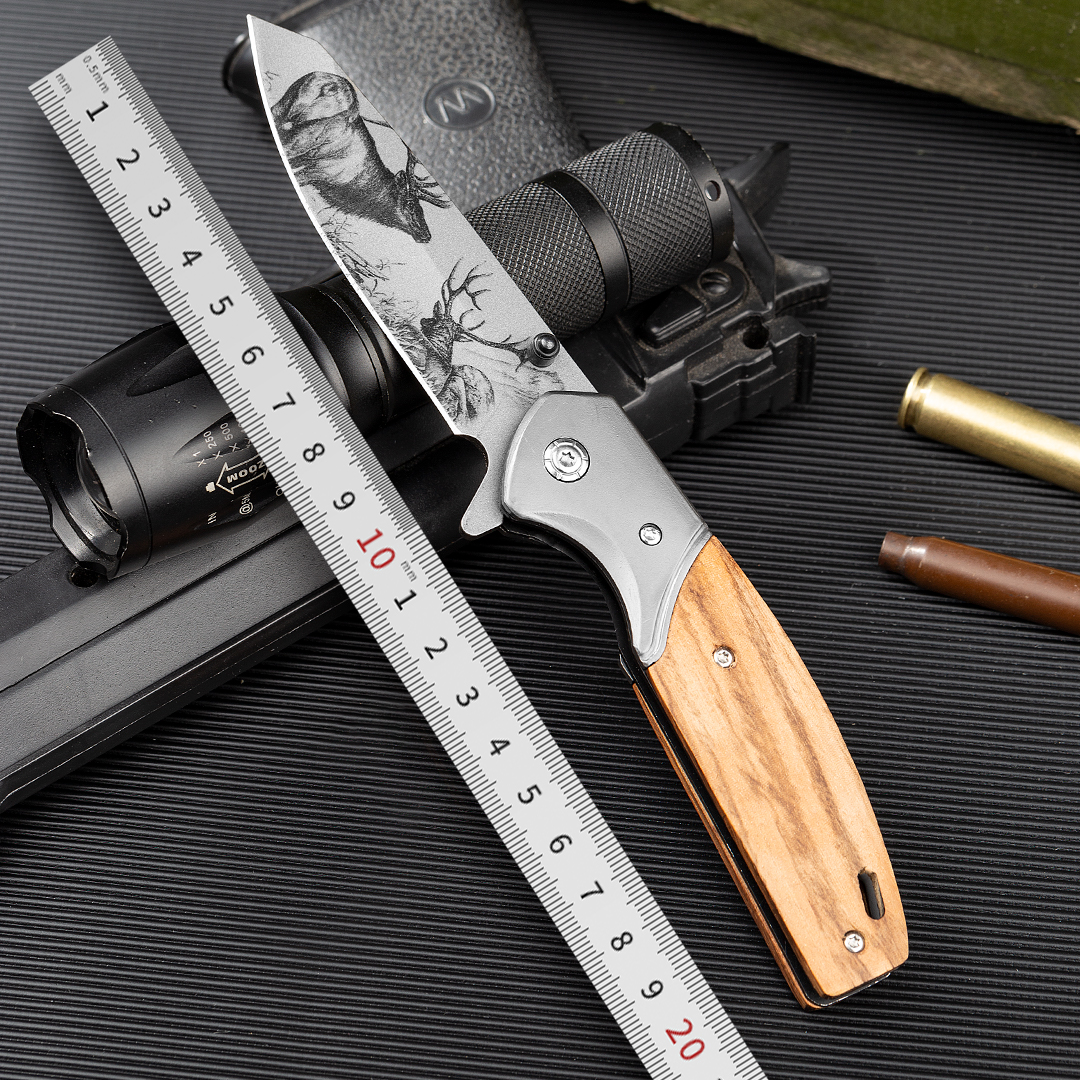 1PC, Elk Tactical Folding Pocket Knife With Stainless Steel Blade And Wooden Handle For Survival Outdoor Camping Hiking EDC Tools