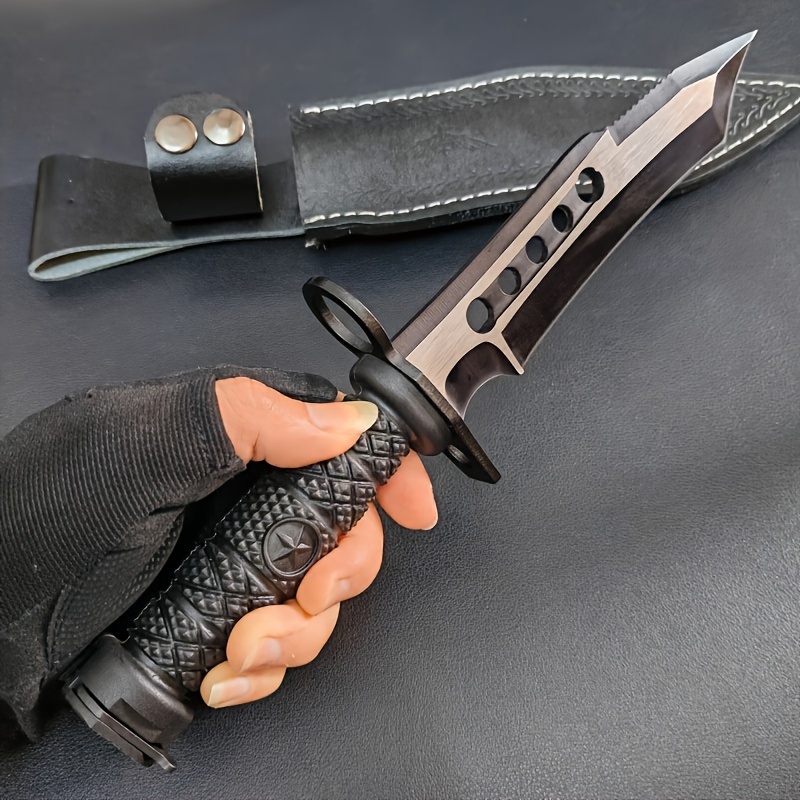 Outdoor Camping Survival Knife, Tactical Straight Knife Long Swiss 4Cr13 Steel High Hardness Saber with Leather Knife Sleeve, Nylon Fiber Handle for Hunting, Self-Defense, Self-Defense, Camping - Blade Design, One-piece Dragon Design