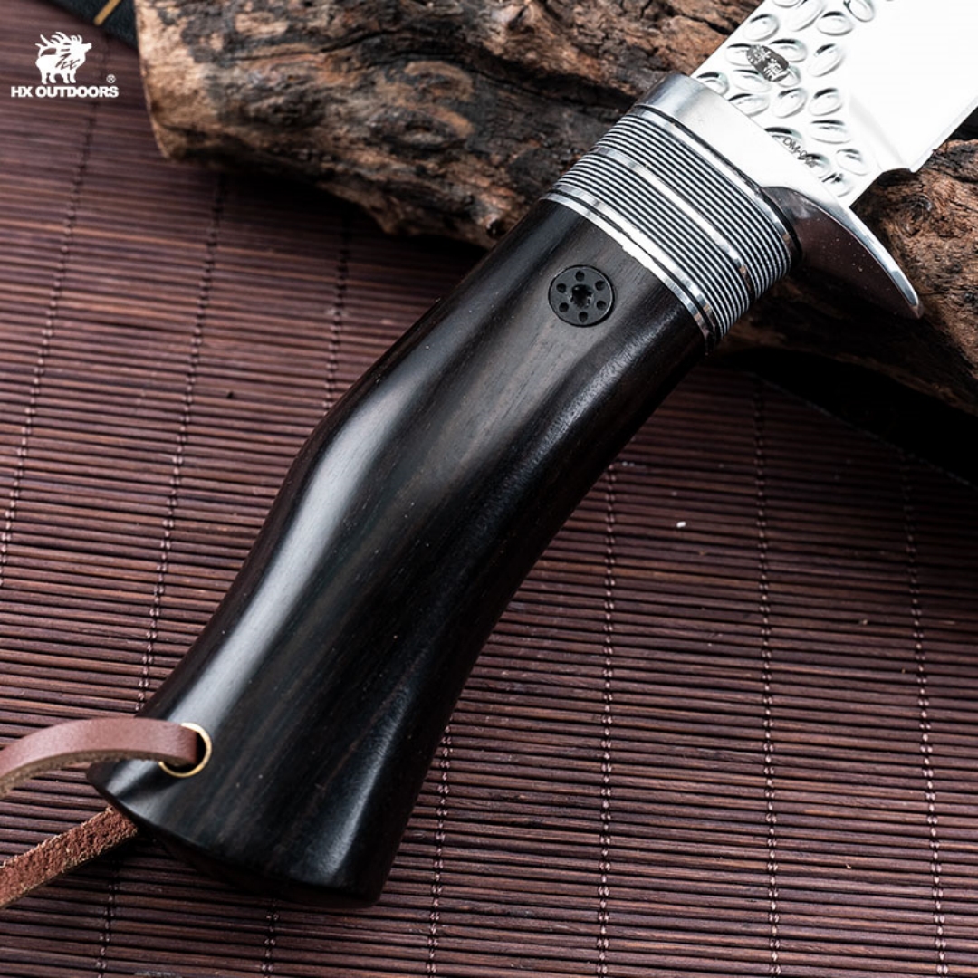 1PC HX OUTDOORS Straight Knife, EDC Multi-function Outdoor Exploration Tool Knife, Pocket Knife With Cowhide Knife Cover, 7CR17MOV High Hardness Stainless Steel Blade, Ebony Handle, CNC Fine Grinding Process, Top Quality, The Best Choice For Gifts