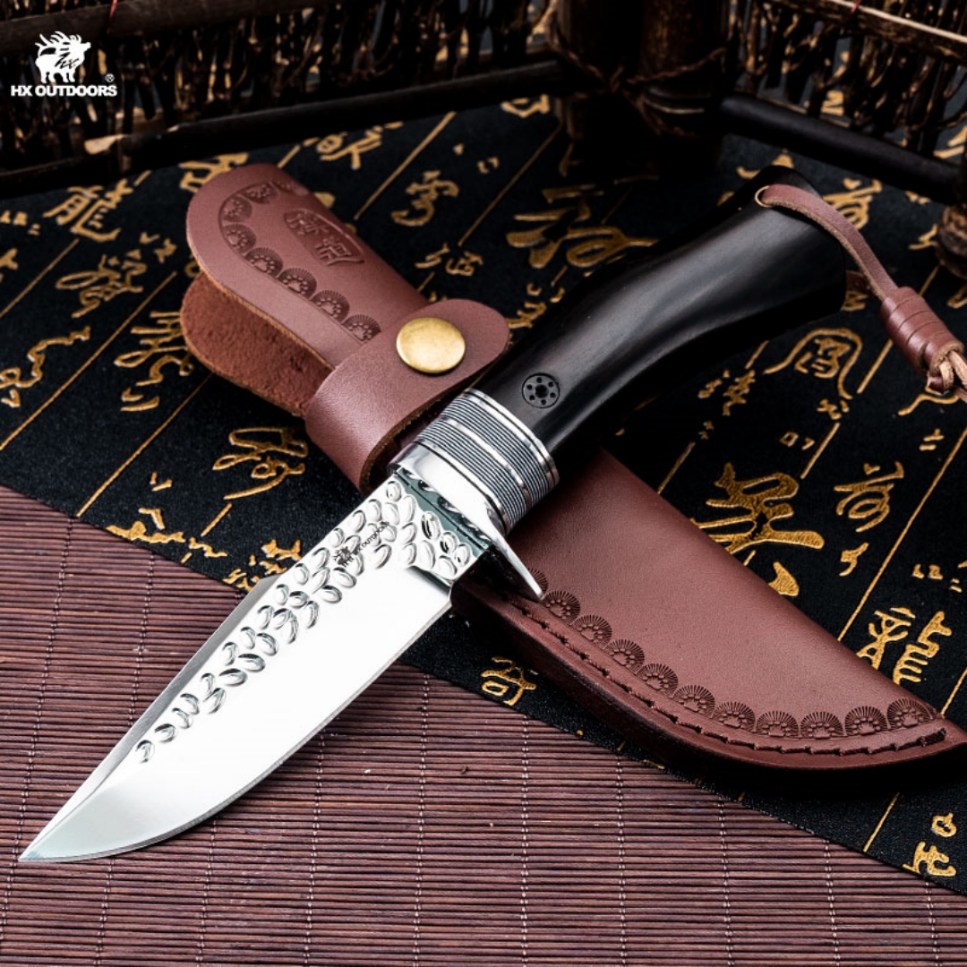 1PC HX OUTDOORS Straight Knife, EDC Multi-function Outdoor Exploration Tool Knife, Pocket Knife With Cowhide Knife Cover, 7CR17MOV High Hardness Stainless Steel Blade, Ebony Handle, CNC Fine Grinding Process, Top Quality, The Best Choice For Gifts