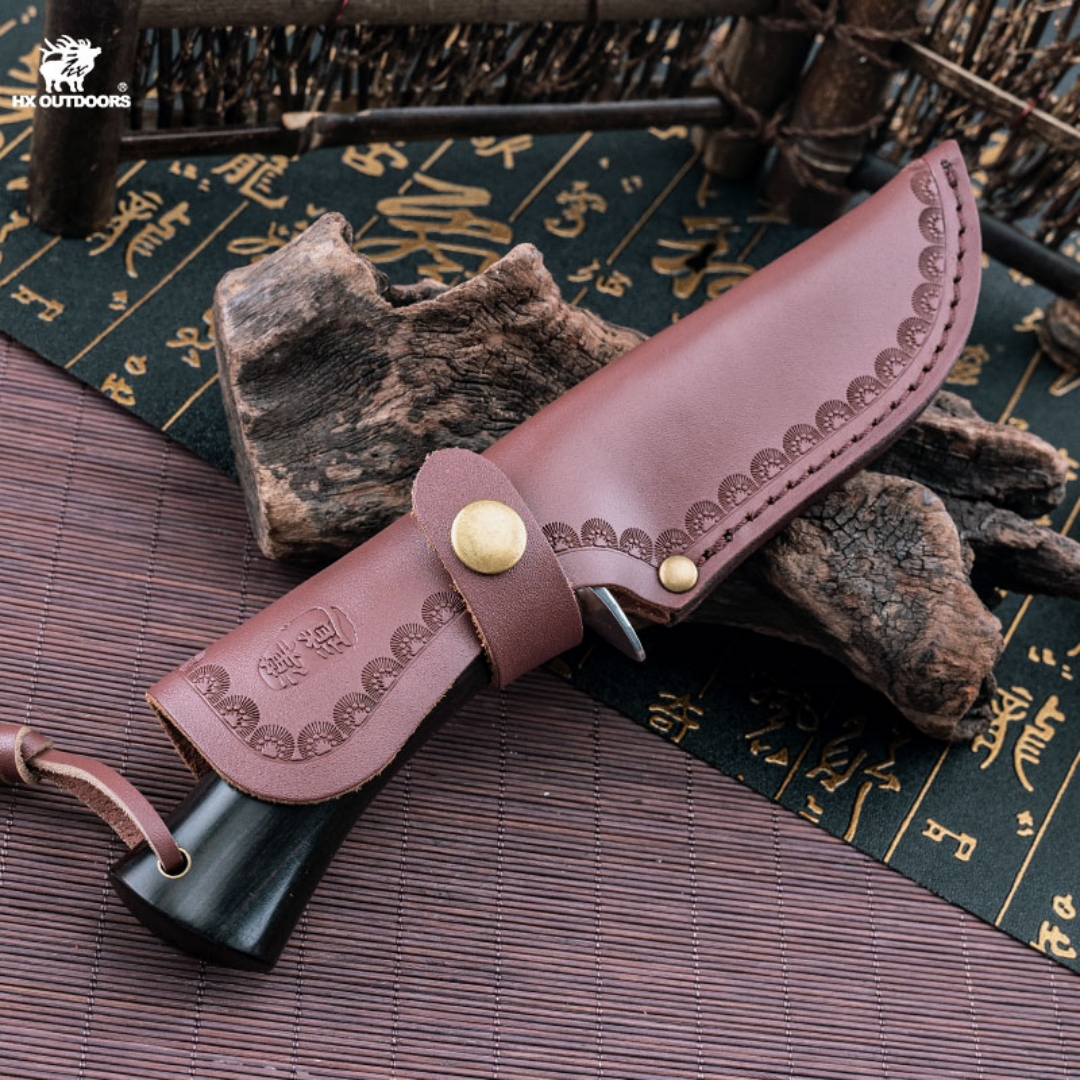 1PC HX OUTDOORS Straight Knife, EDC Multi-function Outdoor Exploration Tool Knife, Pocket Knife With Cowhide Knife Cover, 7CR17MOV High Hardness Stainless Steel Blade, Ebony Handle, CNC Fine Grinding Process, Top Quality, The Best Choice For Gifts