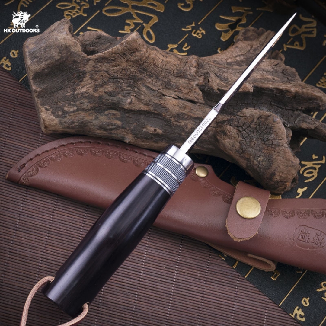 1PC HX OUTDOORS Straight Knife, EDC Multi-function Outdoor Exploration Tool Knife, Pocket Knife With Cowhide Knife Cover, 7CR17MOV High Hardness Stainless Steel Blade, Ebony Handle, CNC Fine Grinding Process, Top Quality, The Best Choice For Gifts