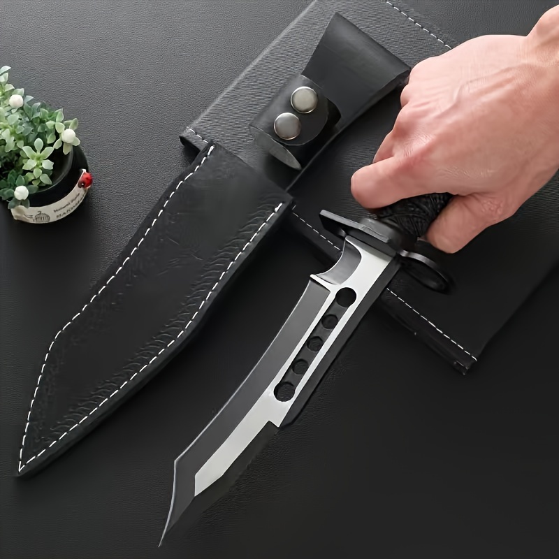 Outdoor Camping Survival Knife, Tactical Straight Knife Long Swiss 4Cr13 Steel High Hardness Saber with Leather Knife Sleeve, Nylon Fiber Handle for Hunting, Self-Defense, Self-Defense, Camping - Blade Design, One-piece Dragon Design