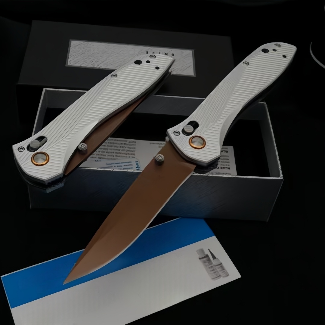 BM 710FE Outdoor Folding Knife – CNC Precision Grind, Silver Aviation-Aluminum Handle, Gold-Titanium-Coated D2 Blade with Bearing Lock