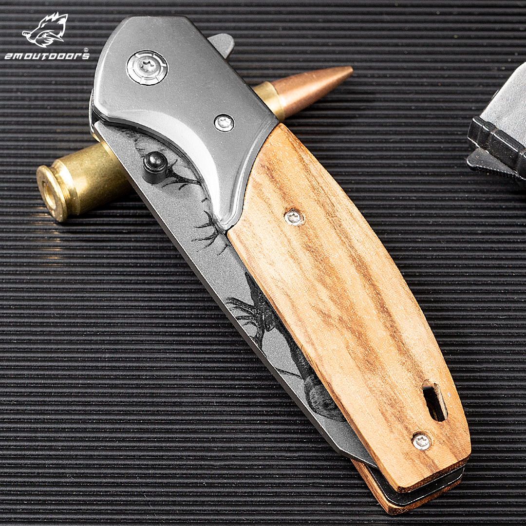 1PC, Elk Tactical Folding Pocket Knife With Stainless Steel Blade And Wooden Handle For Survival Outdoor Camping Hiking EDC Tools