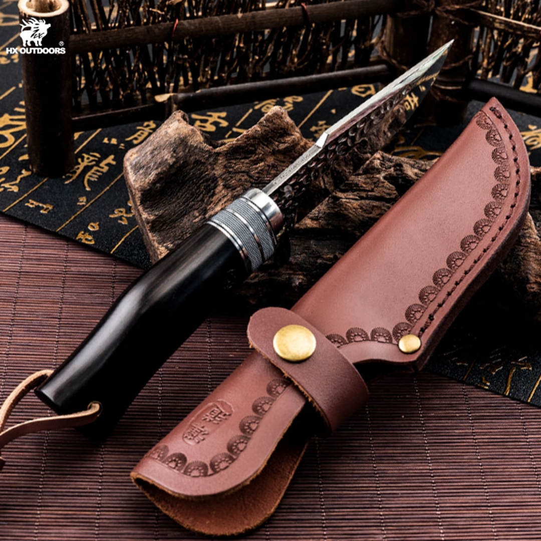 1PC HX OUTDOORS Straight Knife, EDC Multi-function Outdoor Exploration Tool Knife, Pocket Knife With Cowhide Knife Cover, 7CR17MOV High Hardness Stainless Steel Blade, Ebony Handle, CNC Fine Grinding Process, Top Quality, The Best Choice For Gifts
