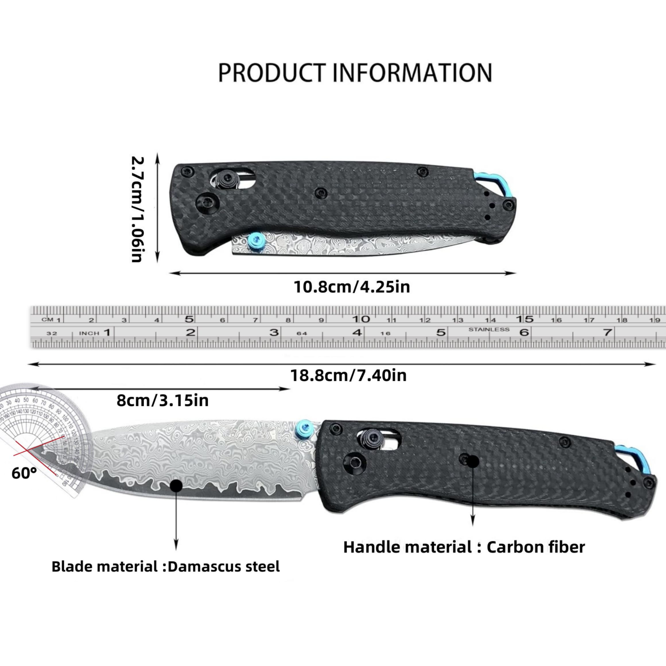 Folding EDC Knife – Carbon Fiber Textured Handle with Blue Accents, Ergonomic Outdoor Camping Knife with High-Hardness Damascus-Pattern Blade, Great for Everyday Use & Collectors