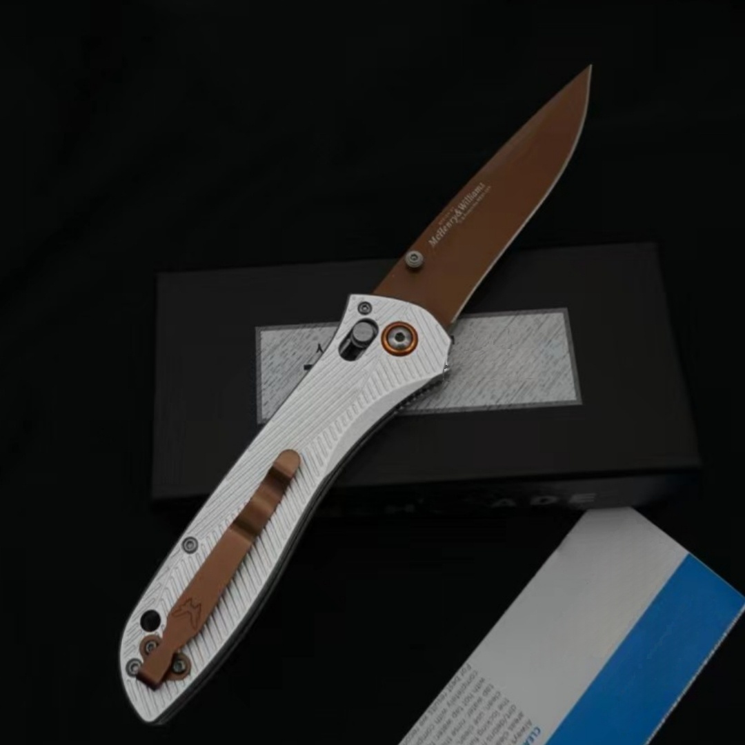 BM 710FE Outdoor Folding Knife – CNC Precision Grind, Silver Aviation-Aluminum Handle, Gold-Titanium-Coated D2 Blade with Bearing Lock