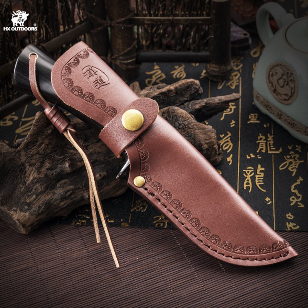 1PC HX OUTDOORS Straight Knife, EDC Multi-function Outdoor Exploration Tool Knife, Pocket Knife With Cowhide Knife Cover, 7CR17MOV High Hardness Stainless Steel Blade, Ebony Handle, CNC Fine Grinding Process, Top Quality, The Best Choice For Gifts