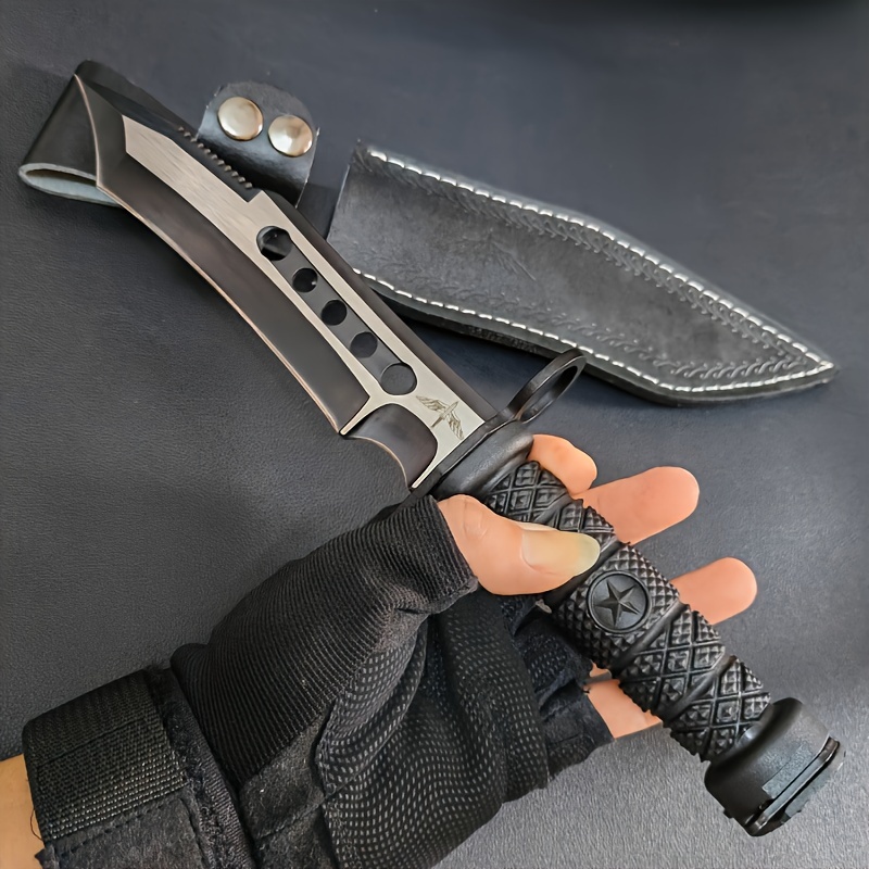Outdoor Camping Survival Knife, Tactical Straight Knife Long Swiss 4Cr13 Steel High Hardness Saber with Leather Knife Sleeve, Nylon Fiber Handle for Hunting, Self-Defense, Self-Defense, Camping - Blade Design, One-piece Dragon Design
