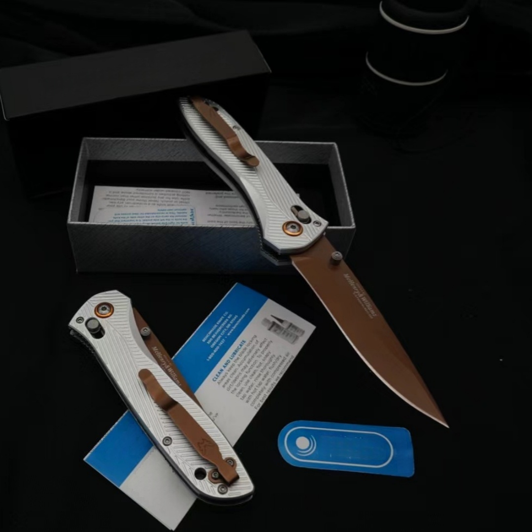 BM 710FE Outdoor Folding Knife – CNC Precision Grind, Silver Aviation-Aluminum Handle, Gold-Titanium-Coated D2 Blade with Bearing Lock