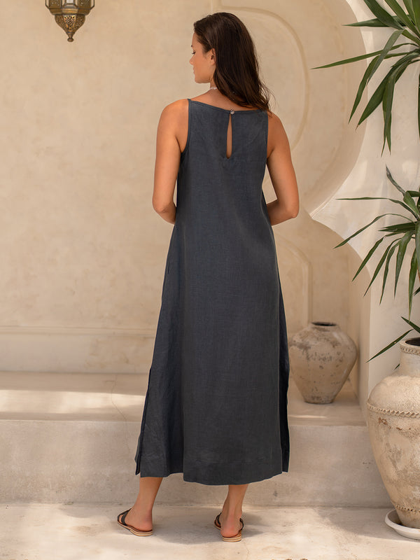 Peony Linen Dress Charcoal